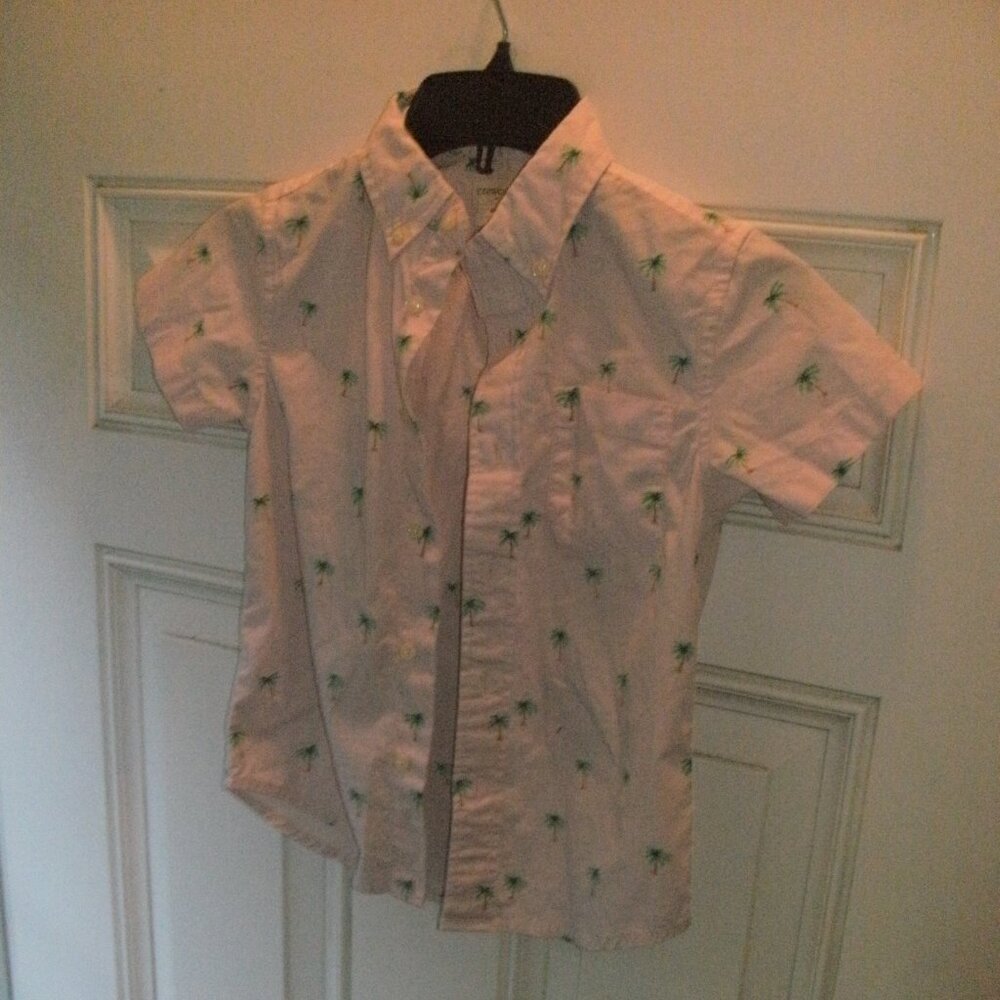 J Crew Crewcuts Pink Palm Tree Print Short Sleeve Button Down Shirt size 4-5